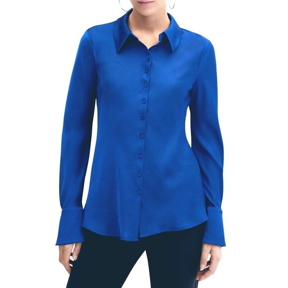 Apostrophe Petites Silk Spandex Blend Royal Blue Button Up Long Sleeve Blouse Sz - Picture 2 of 10